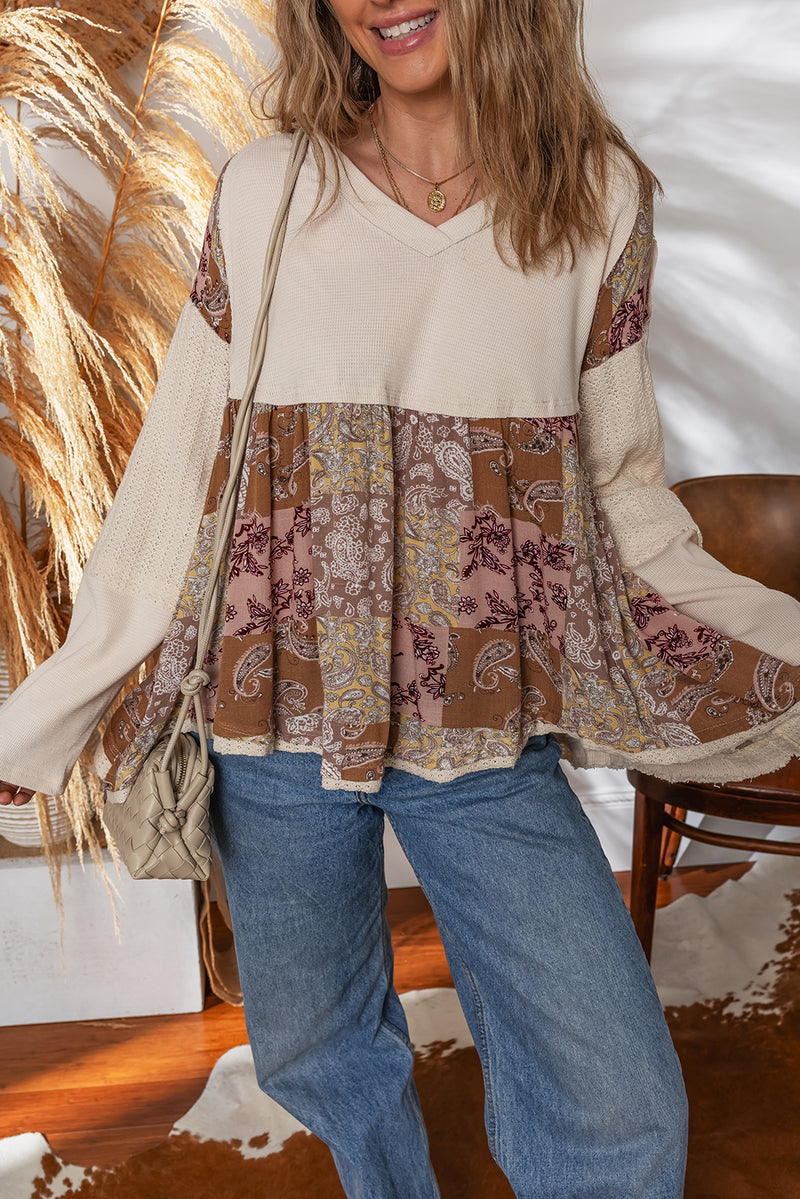 Beige Paisley Ethnic Print Waffle Patchwork Long Sleeve Loose Top
