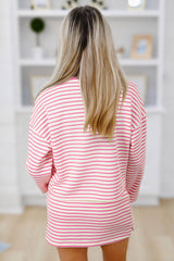 Pink Stripe Collared V Neck Drop Shoulder Pullover and Skirt Set