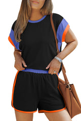 Coffee Color Block Loose Fit Top & Wide Leg Shorts Set