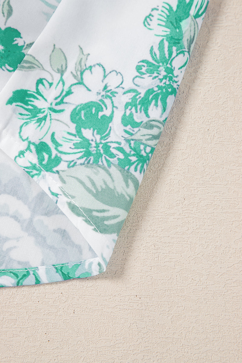 Green Floral Print Ruffle Sleeve Frill Shirt