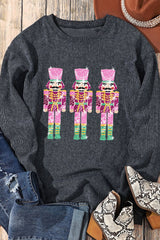 Pink Nutcracker Graphic Sequins Patch Mineral Wash Corded Sweatshirt