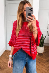 Red Stripe 3/4 Draped Sleeve Slouchy Sweater