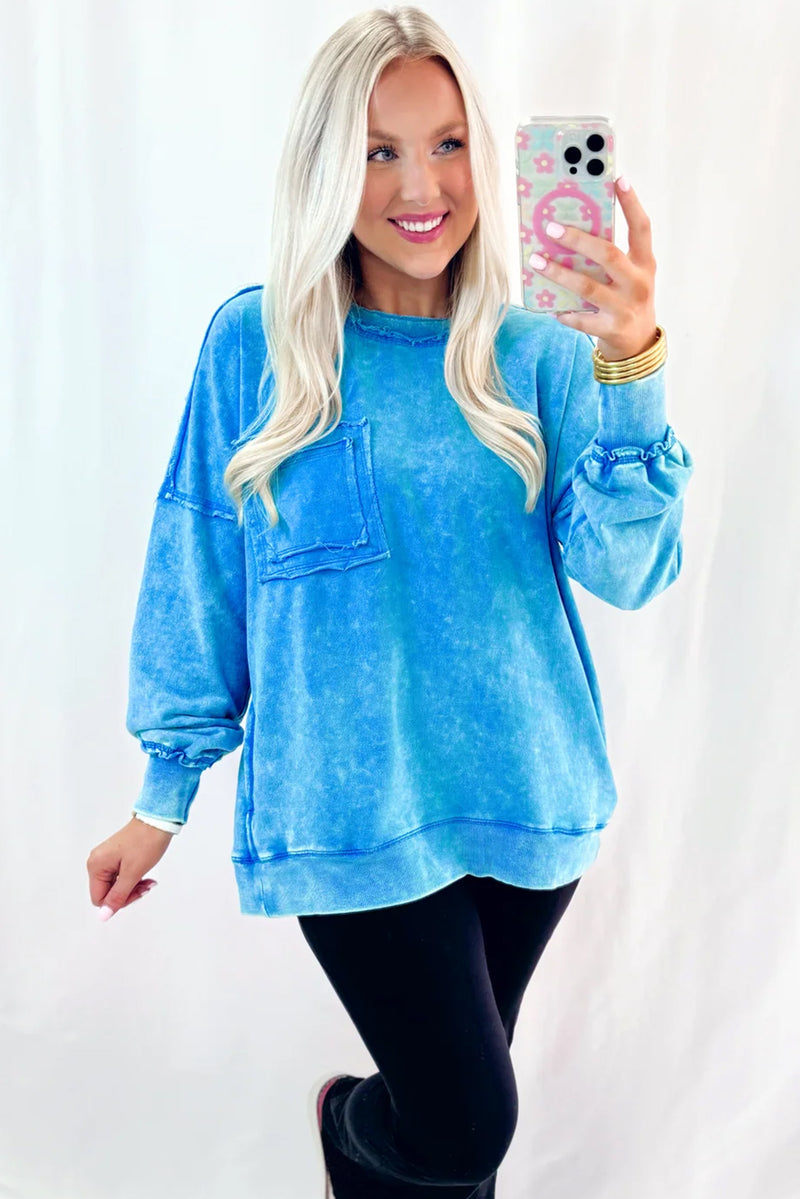 Blue Acid Washed Pocket Pullover Sweatshirt