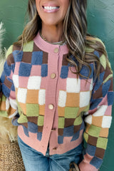 Multicolour Checkered Pattern Button Front Knit Cardigan