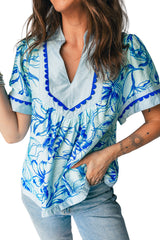Sky Blue Ricrac Trim Slit V Neck Short Sleeve Floral Blouse