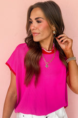 Rose Red Contrast Trim Round Neck Short Sleeve Loose Knit Top