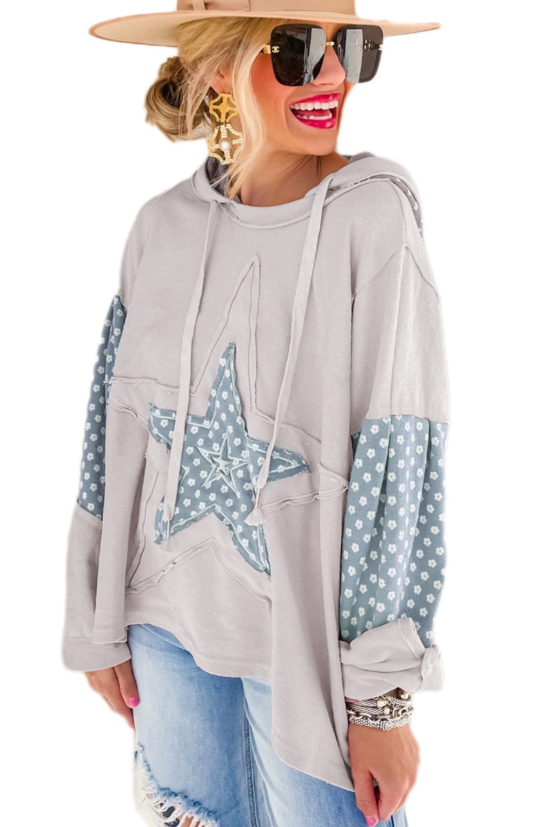Beau Blue Floral Patchwork Star Pattern Drawstring Hoodie