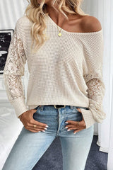Beige Waffle V Neck Patchwork Lace Long Sleeve Top