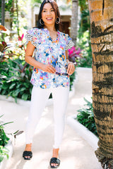 Light Blue Floral Print Ruffle Flutter Sleeve V Neck Blouse