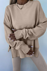 Orchid Mist Solid Color Oversized Slit Sweatshirt Ribbed Leggings Set