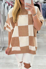 Black Checkered Pattern Loose Short Sleeve Sweater