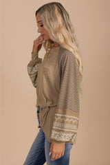 Tillandsia Purple Contrast Print Striped Raglan Long Sleeve Loose Top
