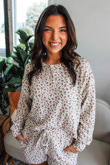 White Floral Print Ribbed Long Sleeve Pullover and Shorts Set