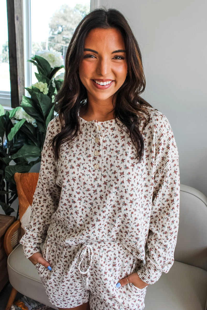 White Floral Print Ribbed Long Sleeve Pullover and Shorts Set