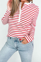 Red Stripe Contrast Frilled Trim Half Button Long Sleeve Top