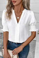 White V Neck Plain Smocked Cuffs Blouse