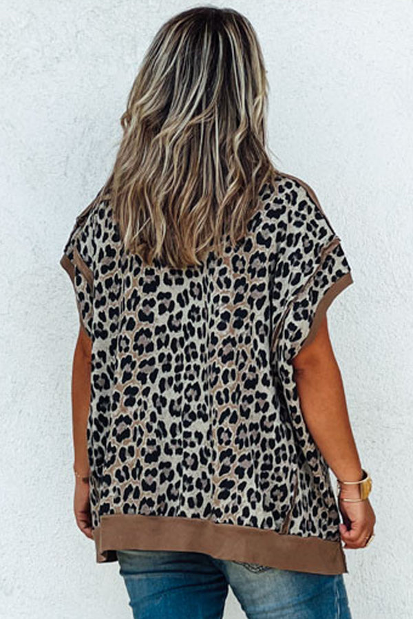 Khaki Leopard Contrast Trim Short Sleeve Loose Plus Size Top