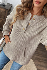 Clearly Aqua Ribbed Texture Drop Shoulder Henley Knit Top