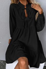 Black Tie Split Neck Smocked Detail Puff Sleeve Ruffle Hem Loose Dress