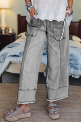 Prussian Blue Drawstring Seam Detail Raw Hem Wide Leg Jeans