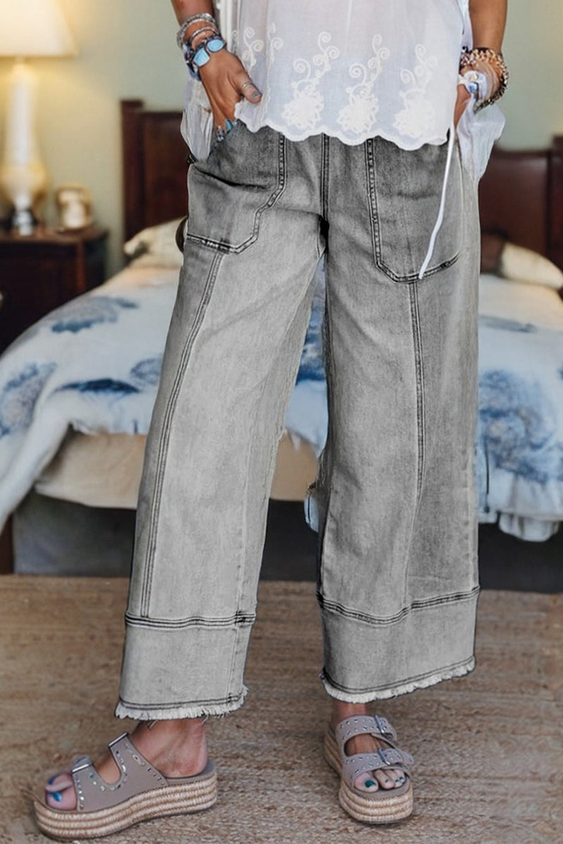 Prussian Blue Drawstring Seam Detail Raw Hem Wide Leg Jeans