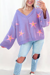 Lavendula Brushed Star Graphic V Neck Drop Shoulder Oversize Sweater