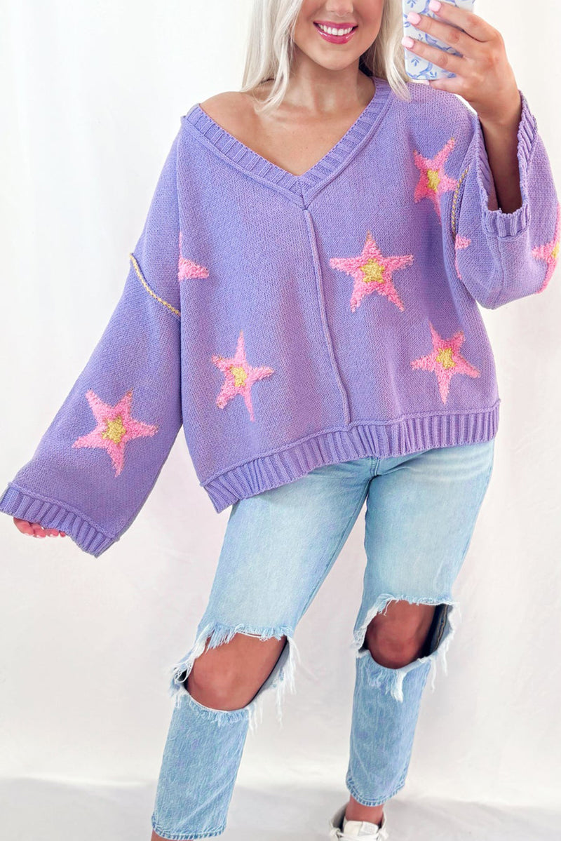 Lavendula Brushed Star Graphic V Neck Drop Shoulder Oversize Sweater
