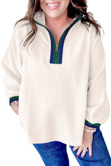 White Waffle Textured Contrast Polo Neck Zip up Jumper
