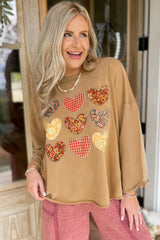 Straw Yellow Plaid Floral Heart Stitched Exposed Seam Mineral Wash Sweatshirt