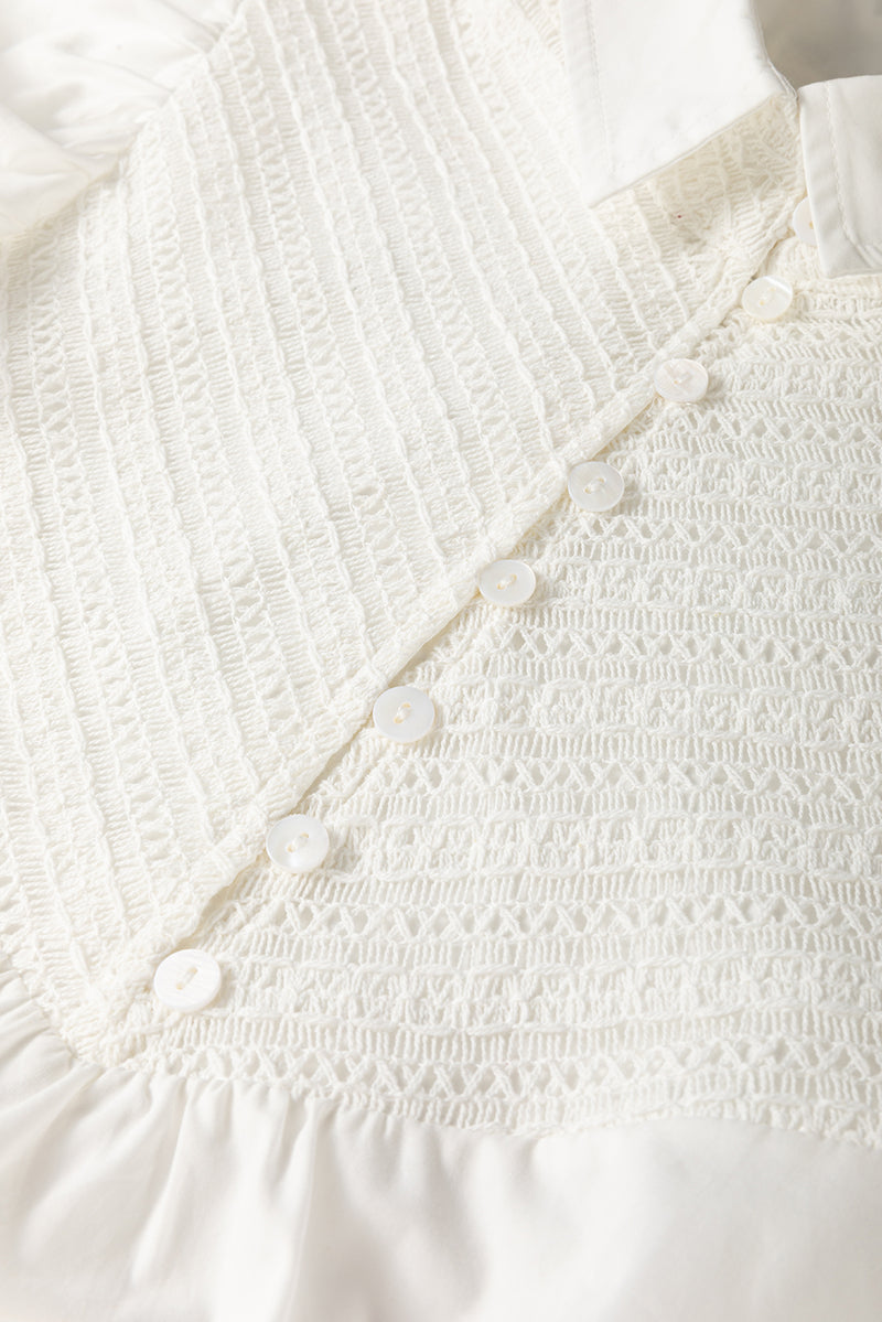 White Crochet Patchwork Ruffle Sleeve Blouse