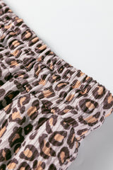 Khaki Leopard Ribbed Long Sleeve Top Drawstring Shorts 2pcs Outfit