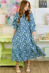 Brown Floral Printed Frilled V Neck Bracelet Sleeve Long Dress