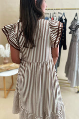 Black Stripe Double Ruffled Short Sleeve Contrast Trim V Neck Midi Dress
