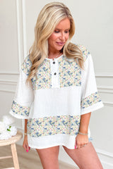 Sky Blue Floral Print Crinkle Patchwork Henley Blouse