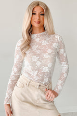 Apricot Pink Mock Neck Floral Lace Mesh Long Sleeve Top