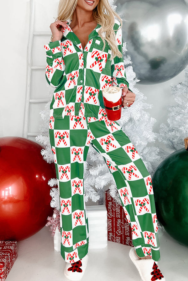 Green Holly Jolly Checkered Pattern Christmas Pajama Set