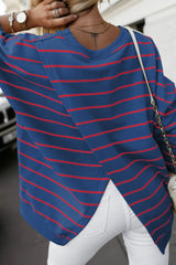 Blue Striped Overlap Detail Drop Shoulder Pullover Sweatshirt