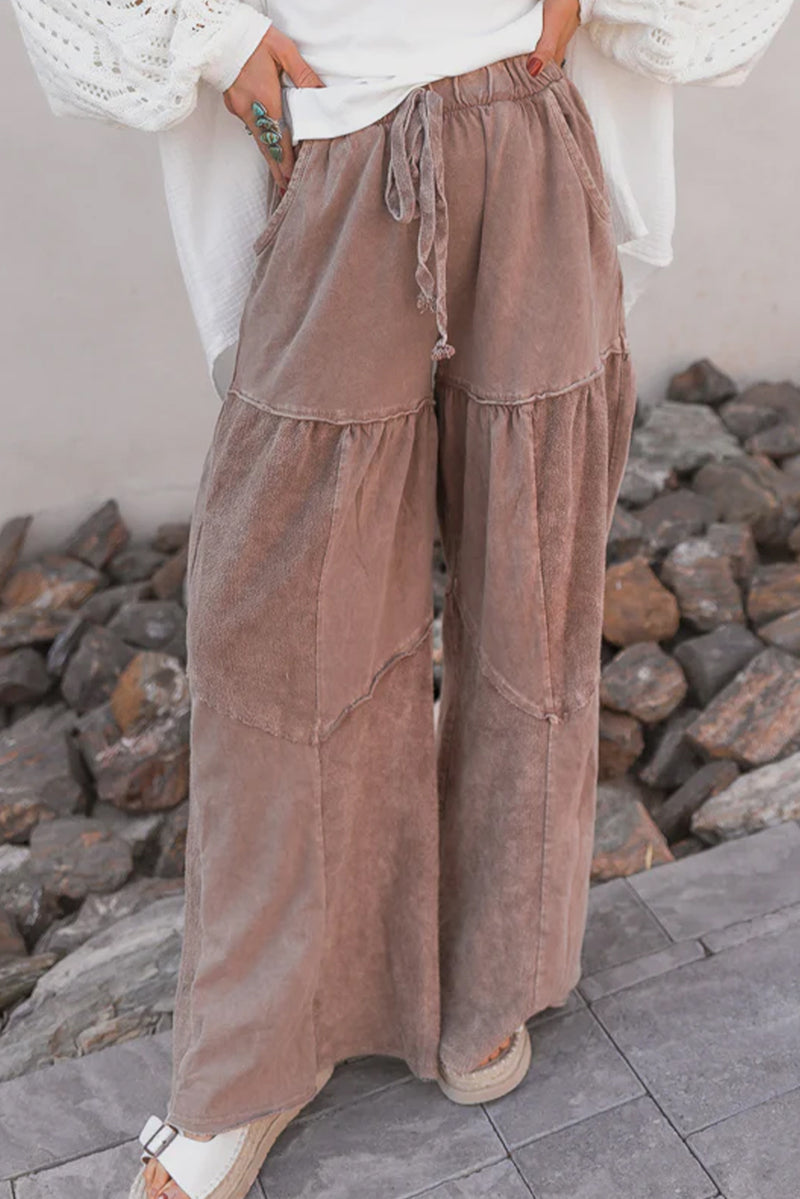 Straw Yellow Mineral Wash Tiered Wide Leg Patchwork Drawstring Pants