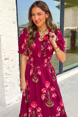 Red Floral Print Frilled V Neck Short Sleeve Ruffle Maxi Dress