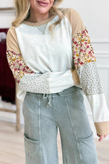 Light Grey Mixed Print Raglan Sleeve Patchwork Exposed Seam Pullover Top