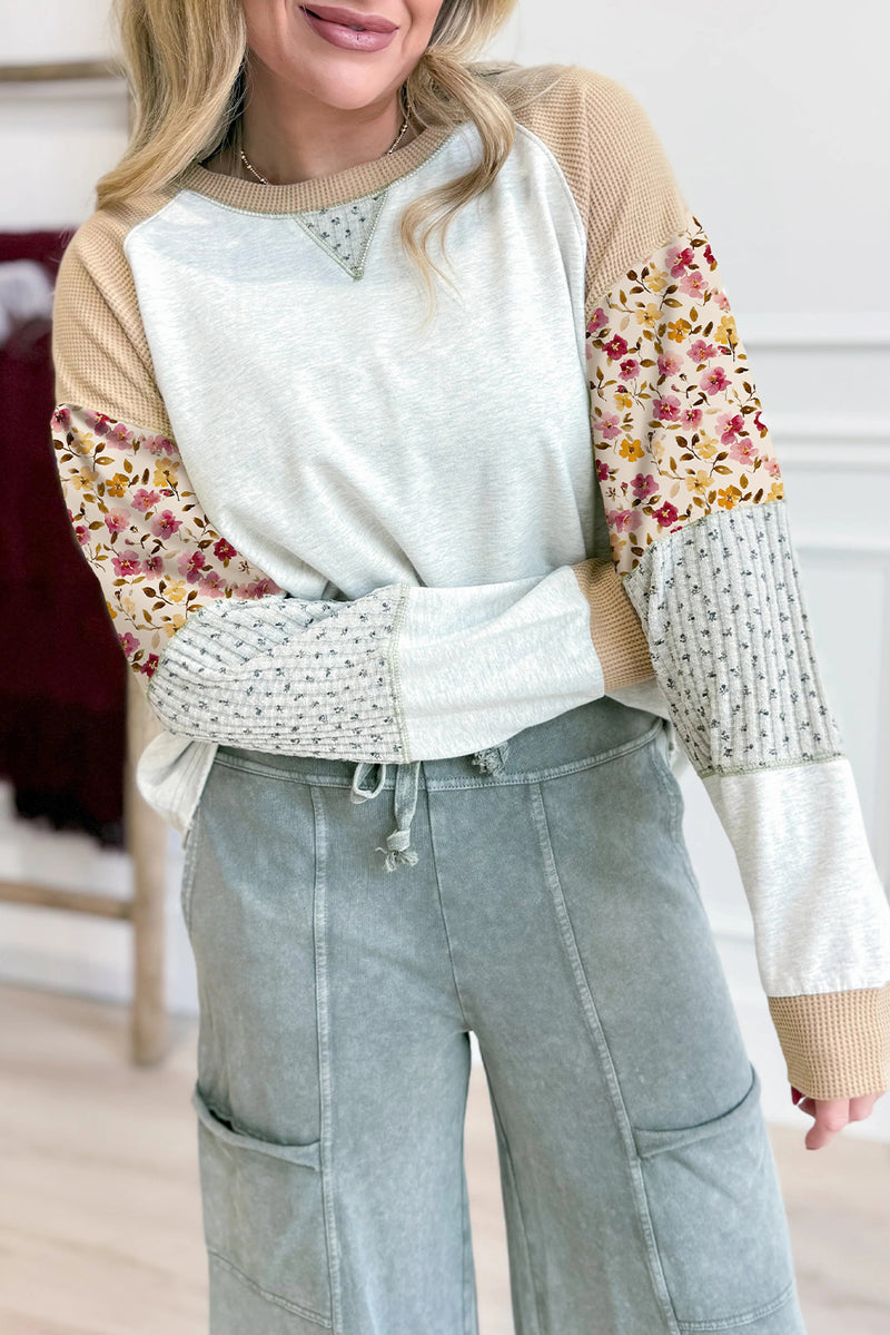 Light Grey Mixed Print Raglan Sleeve Patchwork Exposed Seam Pullover Top