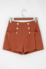 Clay Button Decor Scalloped Edge High Waist Corduroy Shorts