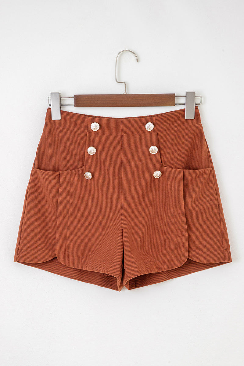 Clay Button Decor Scalloped Edge High Waist Corduroy Shorts