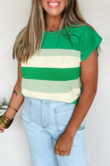 Green Stripe Mixed Print Crew Neck Cap Sleeve T Shirt