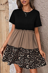 Light French Beige Leopard Print Colorblock Frill Trim T-shirt Dress