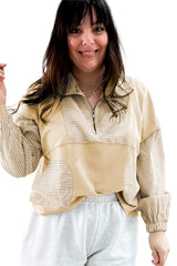 Khaki Stripe Patchwork Pocket Plus Size Long Sleeve Top