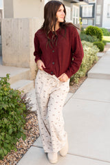 Apricot Bow Print Drawstring Elastic Waist Loose Corduroy Pants