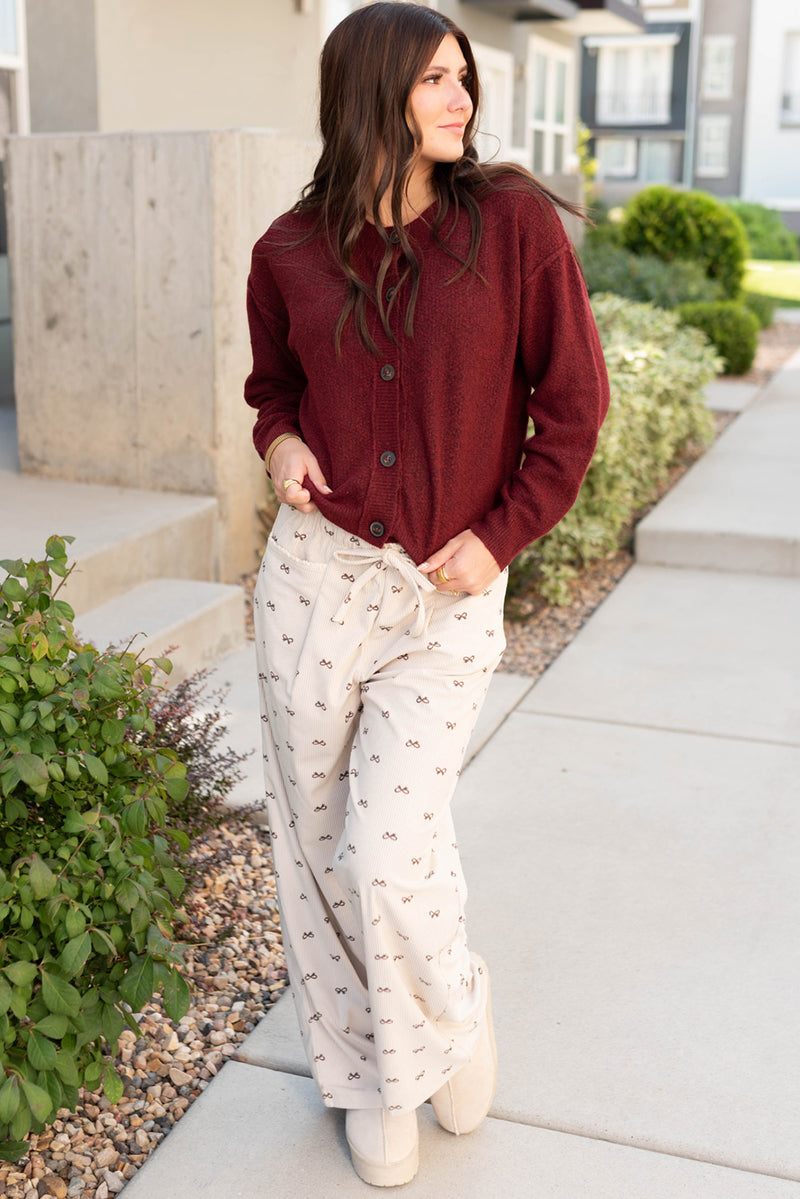 Apricot Bow Print Drawstring Elastic Waist Loose Corduroy Pants