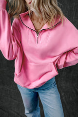 Bonbon Zip-up Stand Neck Kangaroo Pocket Sweatshirt