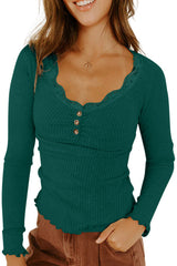 Beige Lace Neckline Button Decor Lettuce Edge Long Sleeve Ribbed Top